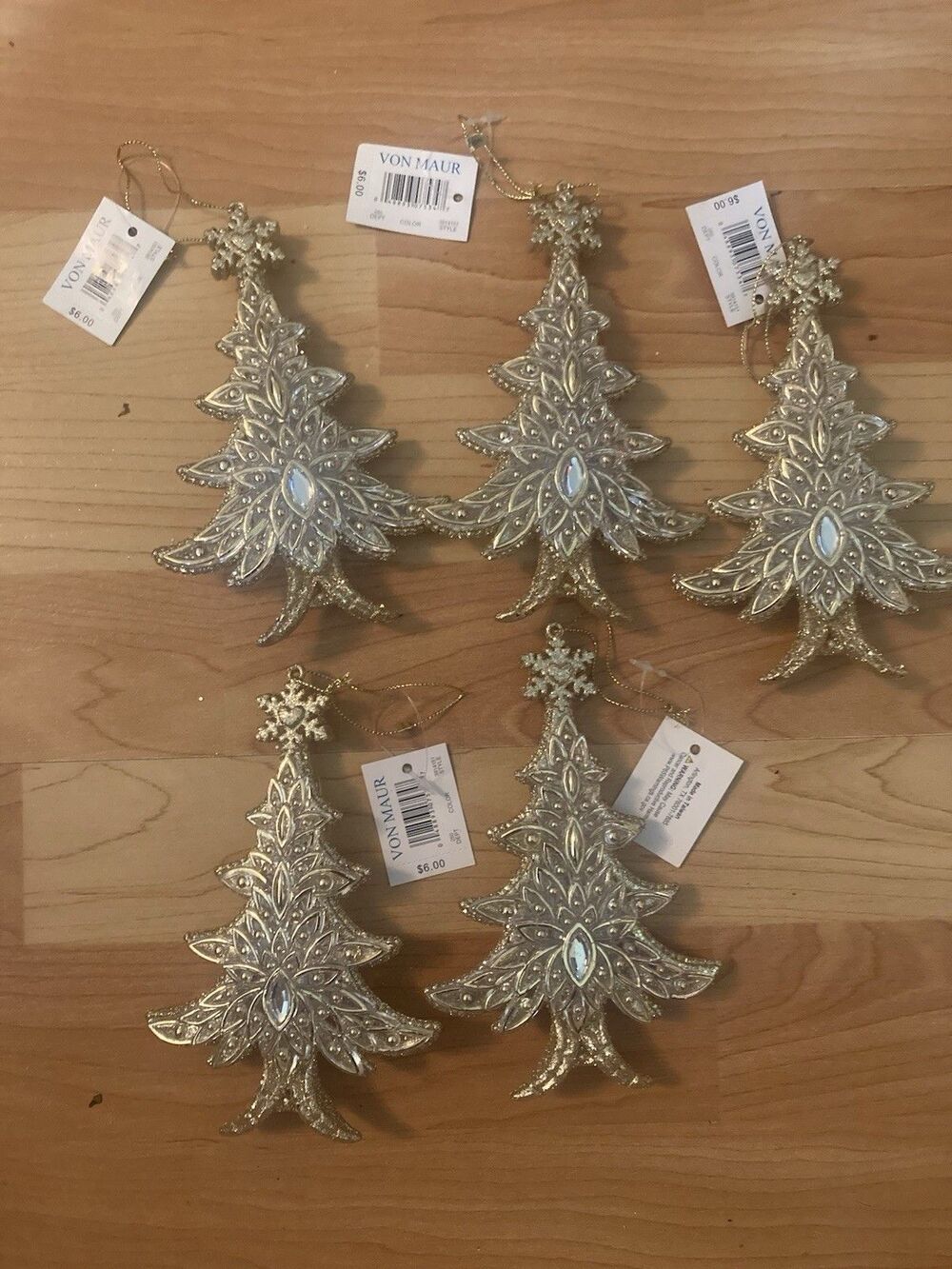 5 Von Maur Luxury Gold Christmas Tree Ornaments Filigree Rhinestone Holiday NWT